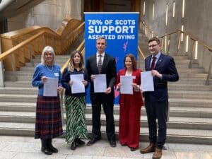 Representatives of FATE, DiD and Humanist Society Scotland with Liam McArthur MSP at the launch of the Assisted Dying Bill